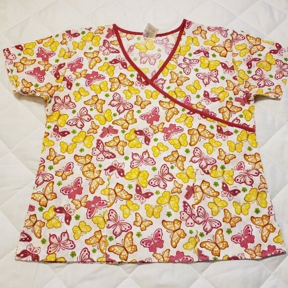 Just Love Tops - Just Love Large Scrub Top- Pink Yellow Butterflies